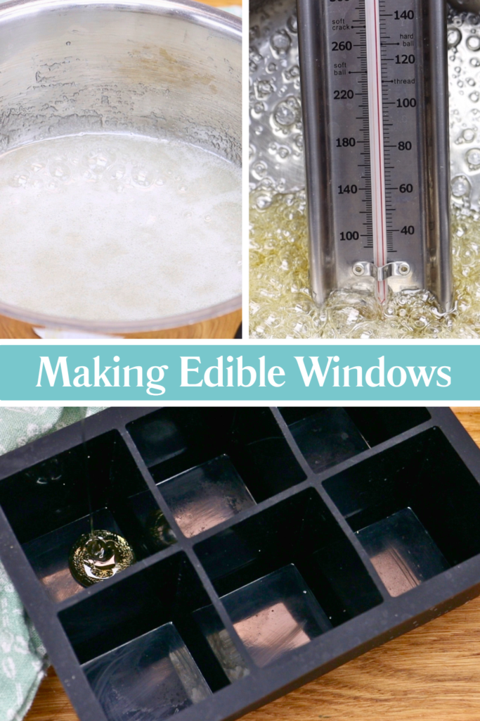 Pouring cooked sugar mixture into a silicone mold to make edible glass windows