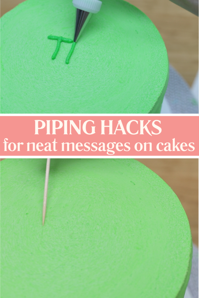 Toothpick outlining and adjusting piped letters on a cake