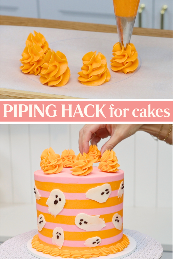 Piped buttercream on parchment frozen before transferring to a cake