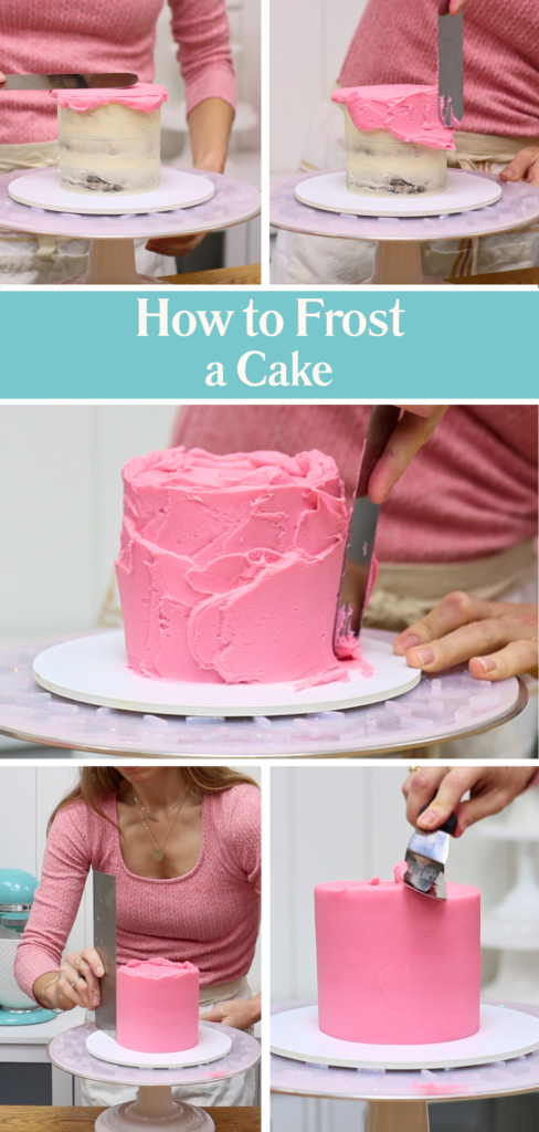 Smoothing buttercream frosting on a cake as a base for Valentine’s Day cake ideas and decorative designs