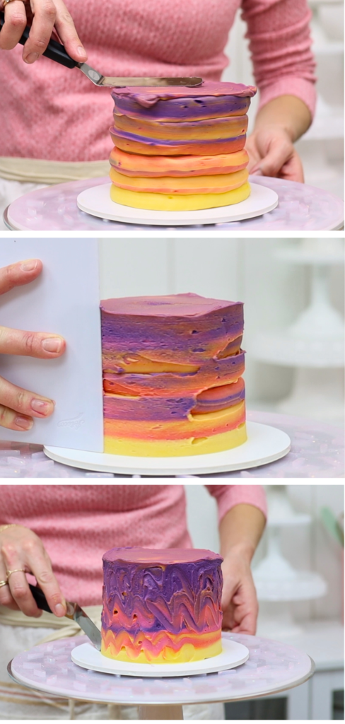 A spatula blending the joins between different buttercream colours on a cake and then using a cake scraper for smooth ombre frosting.