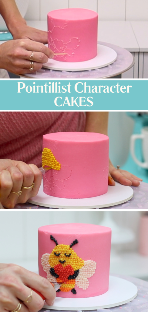 Creating pointillist character cakes by outlining a design with a toothpick and filling it with buttercream dots for Valentine’s Day cake ideas