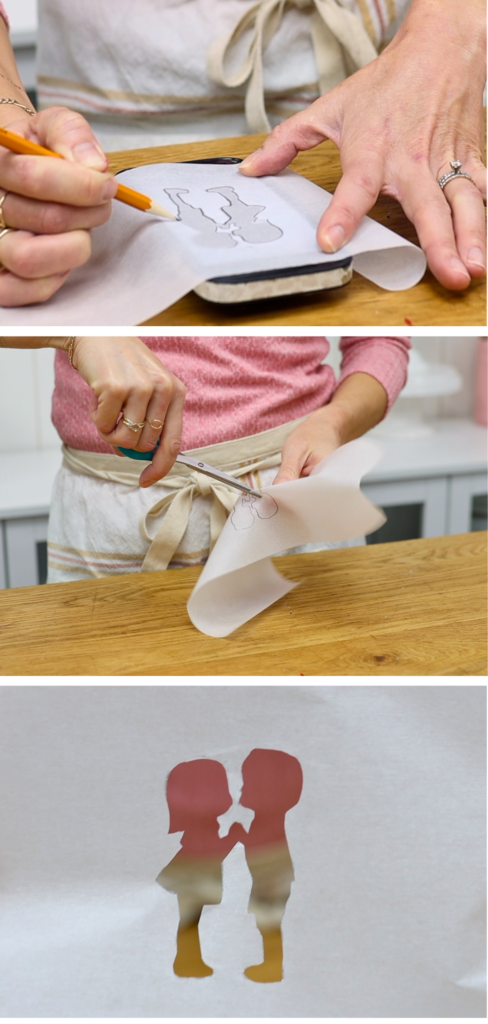 Tracing and cutting a simple design from parchment paper to make a homemade cake stencil for Valentine’s Day cake ideas