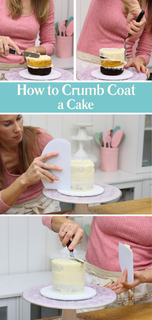 Applying a crumb coat of buttercream to a cake to create a smooth base for Valentine’s Day cake ideas