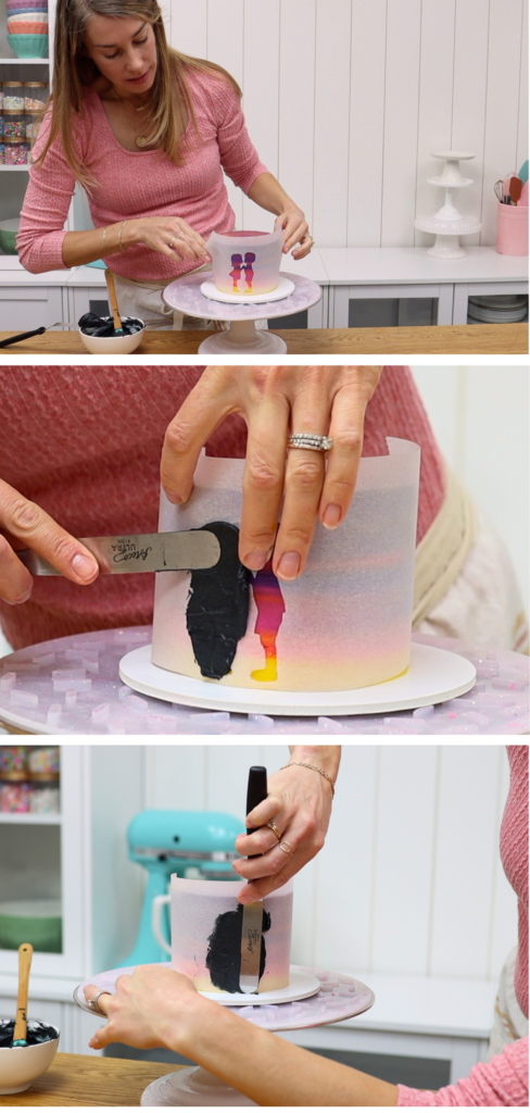 Spreading buttercream over a homemade cake stencil to create a design for Valentine’s Day cake ideas