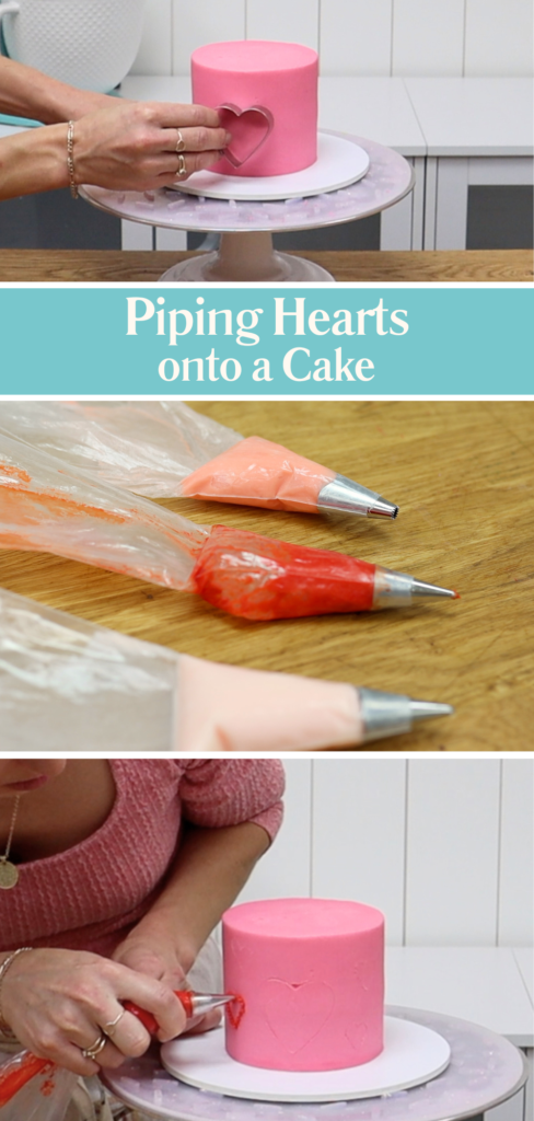 Outlining hearts on a cake using cookie cutters and piping buttercream along the outlines for Valentine’s Day cake ideas