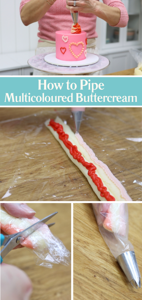 Lining up coloured buttercream on saran wrap to create multicoloured piping for Valentine’s cakes