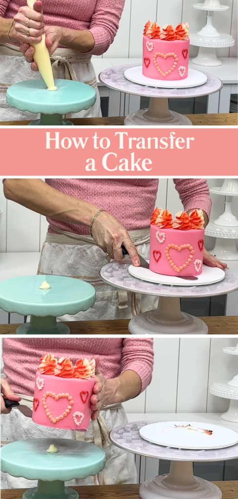 Transferring a decorated cake from a cake board to a cake stand using buttercream to attach it