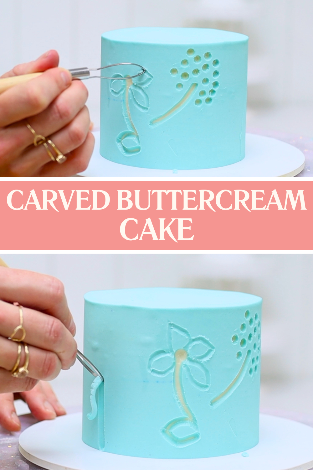 carving buttercream cake with floral design using tools