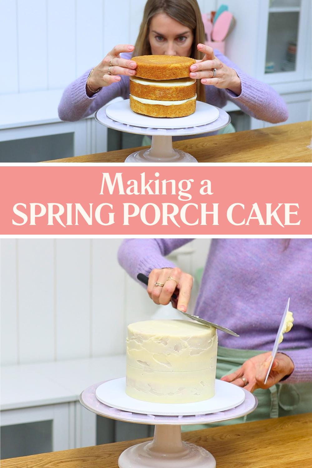 Layering a vanilla cake and crumb coating it with 4 Minute Buttercream before decorating a spring porch cake