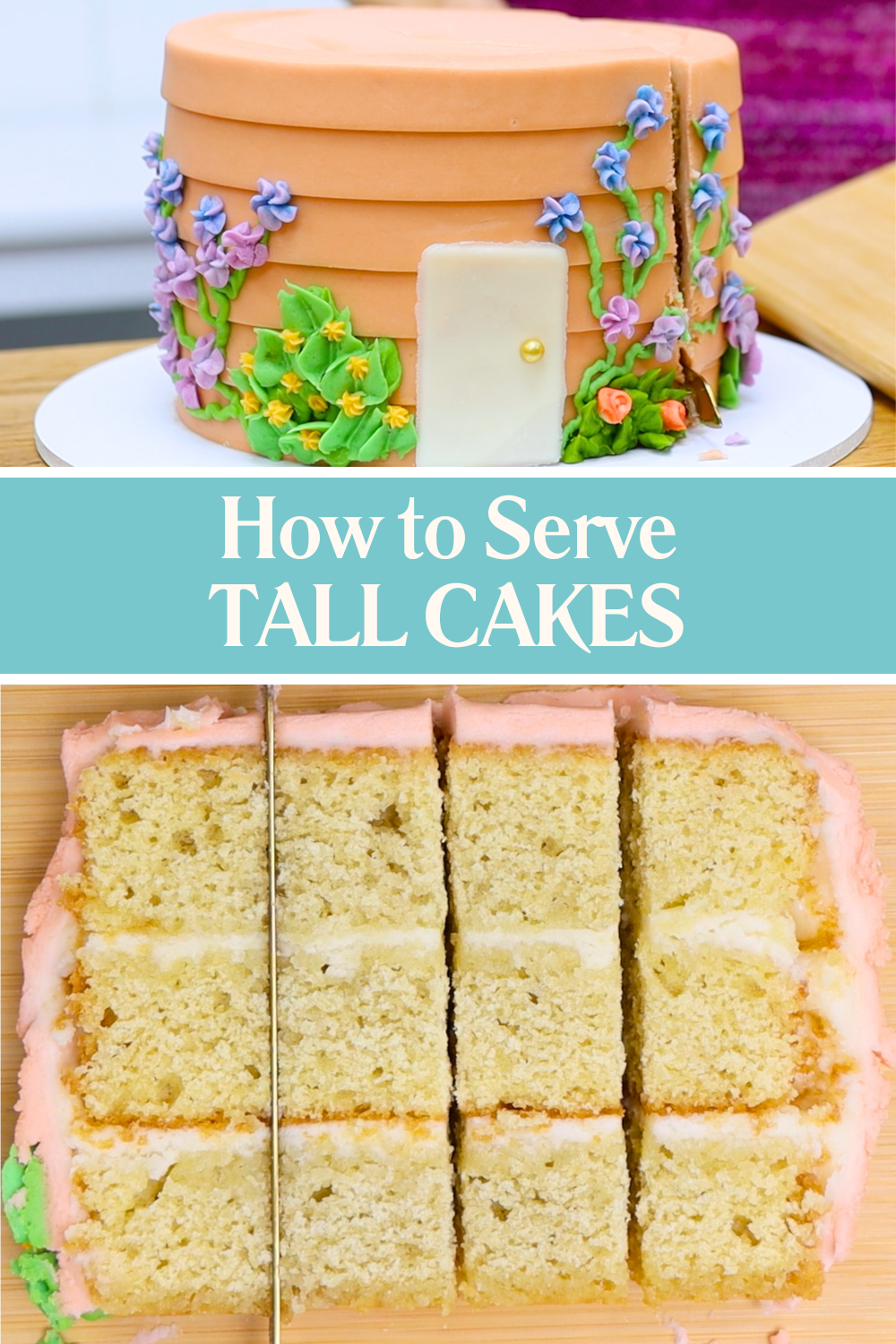 Slicing a tall cake using the cutting board method to create neat portions