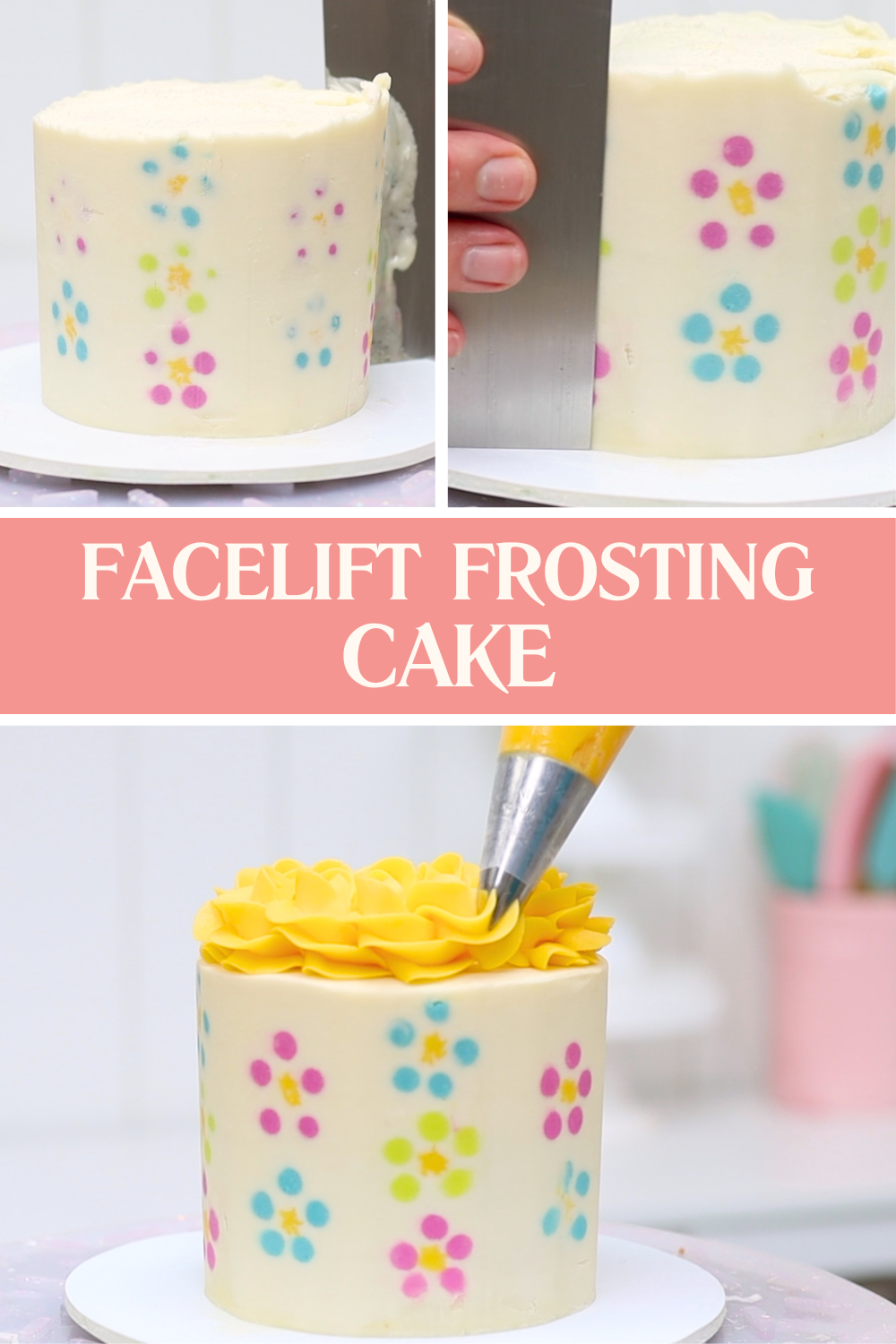 scraping buttercream to reveal flat piped design technique