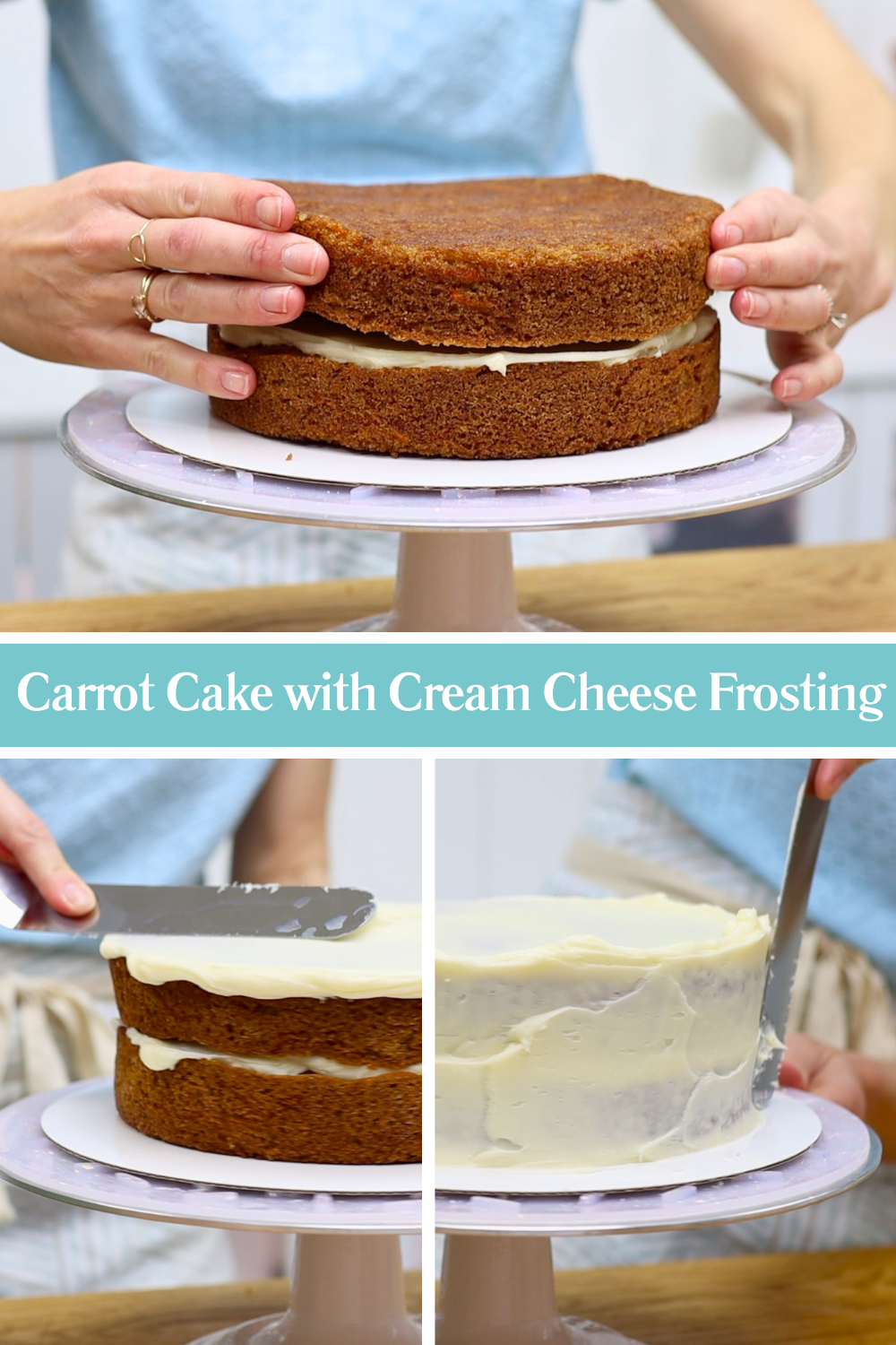 layering carrot cake with cream cheese frosting as filling between cake layers