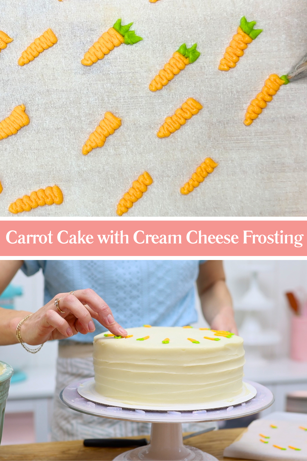 piping buttercream carrots to decorate carrot cake with cream cheese frosting
