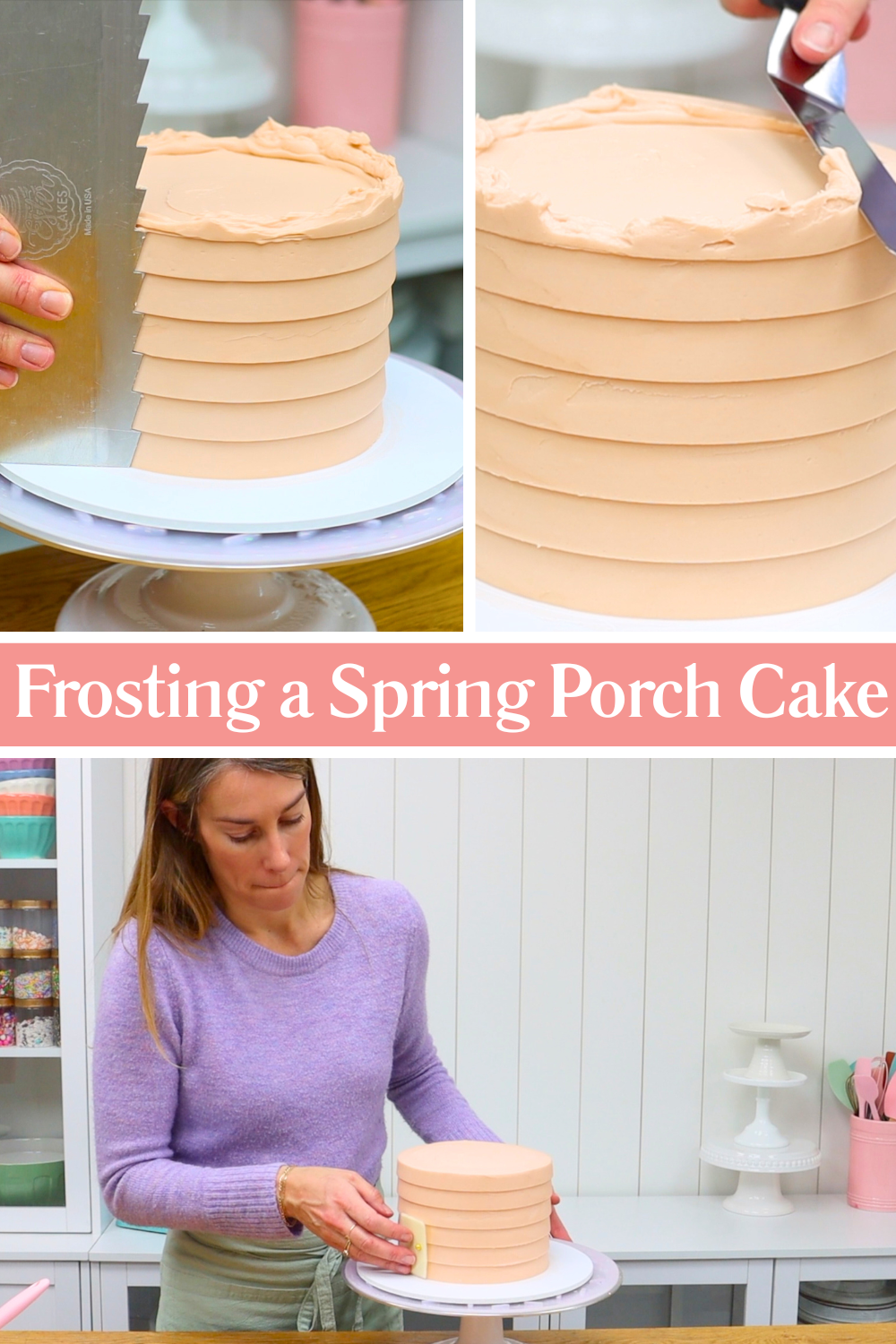 Frosting a spring porch cake with buttercream and using a textured cake comb before attaching the chocolate door