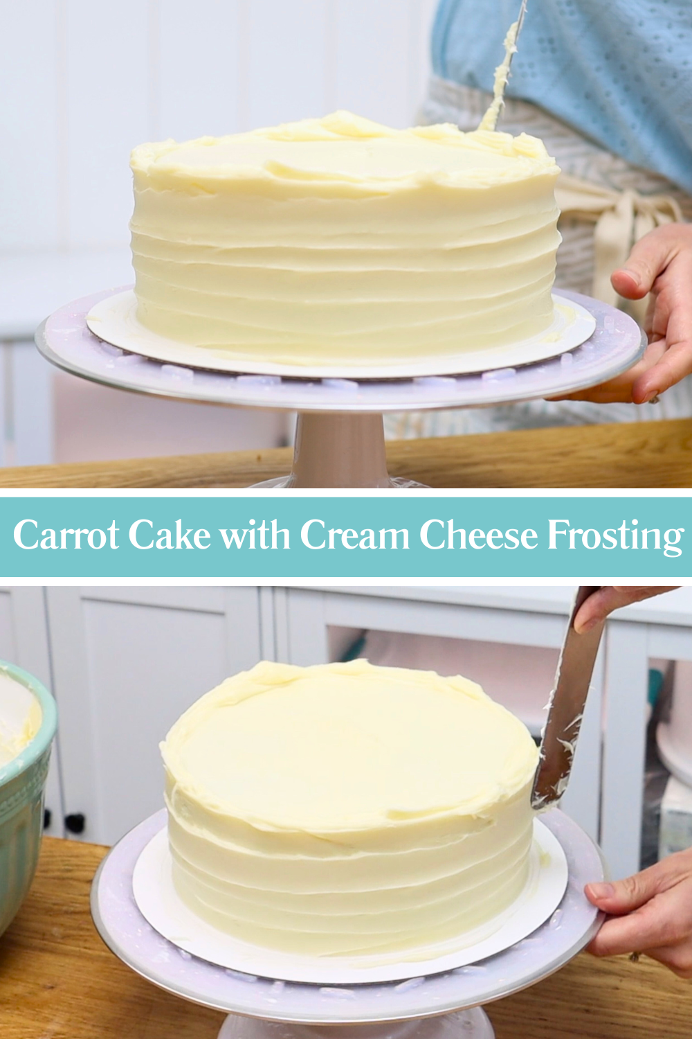 frosting carrot cake with cream cheese frosting and texturing the sides with an offset spatula