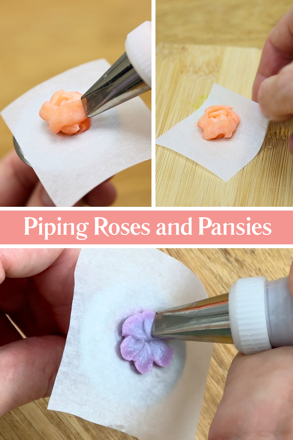 Piping buttercream roses and pansy flowers using a petal tip and flower nail for cake decorating