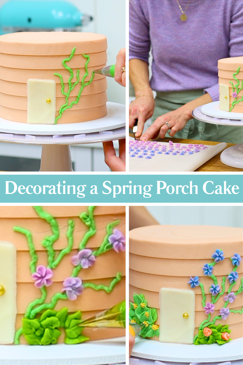 Decorating a spring porch cake by piping buttercream vines leaves and bushes to attach the flowers