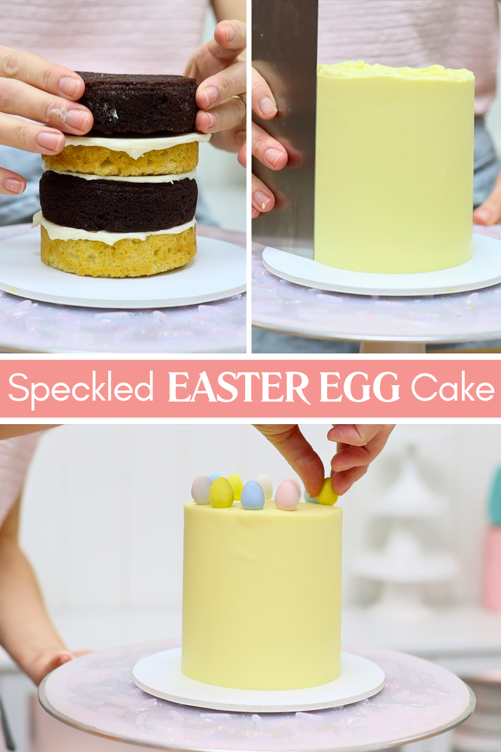 layering and frosting cake with mini eggs decoration