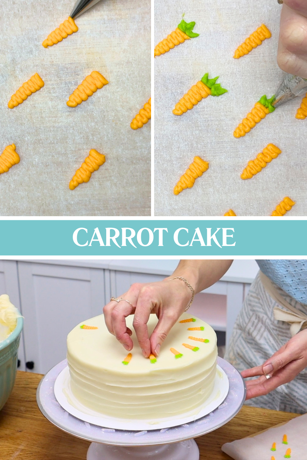 piping buttercream carrots for carrot cake decoration