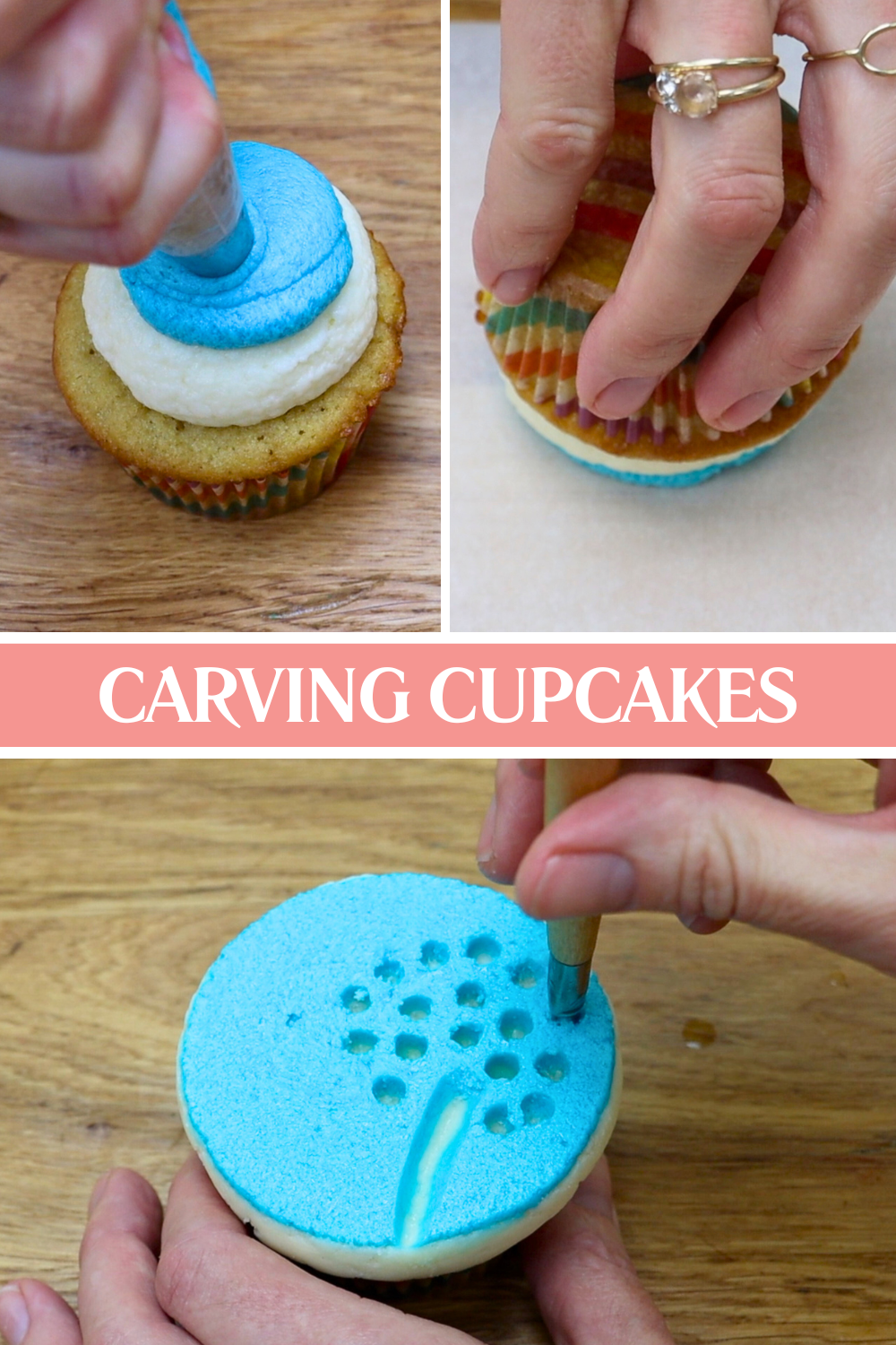 flattening buttercream on cupcake for carved buttercream technique