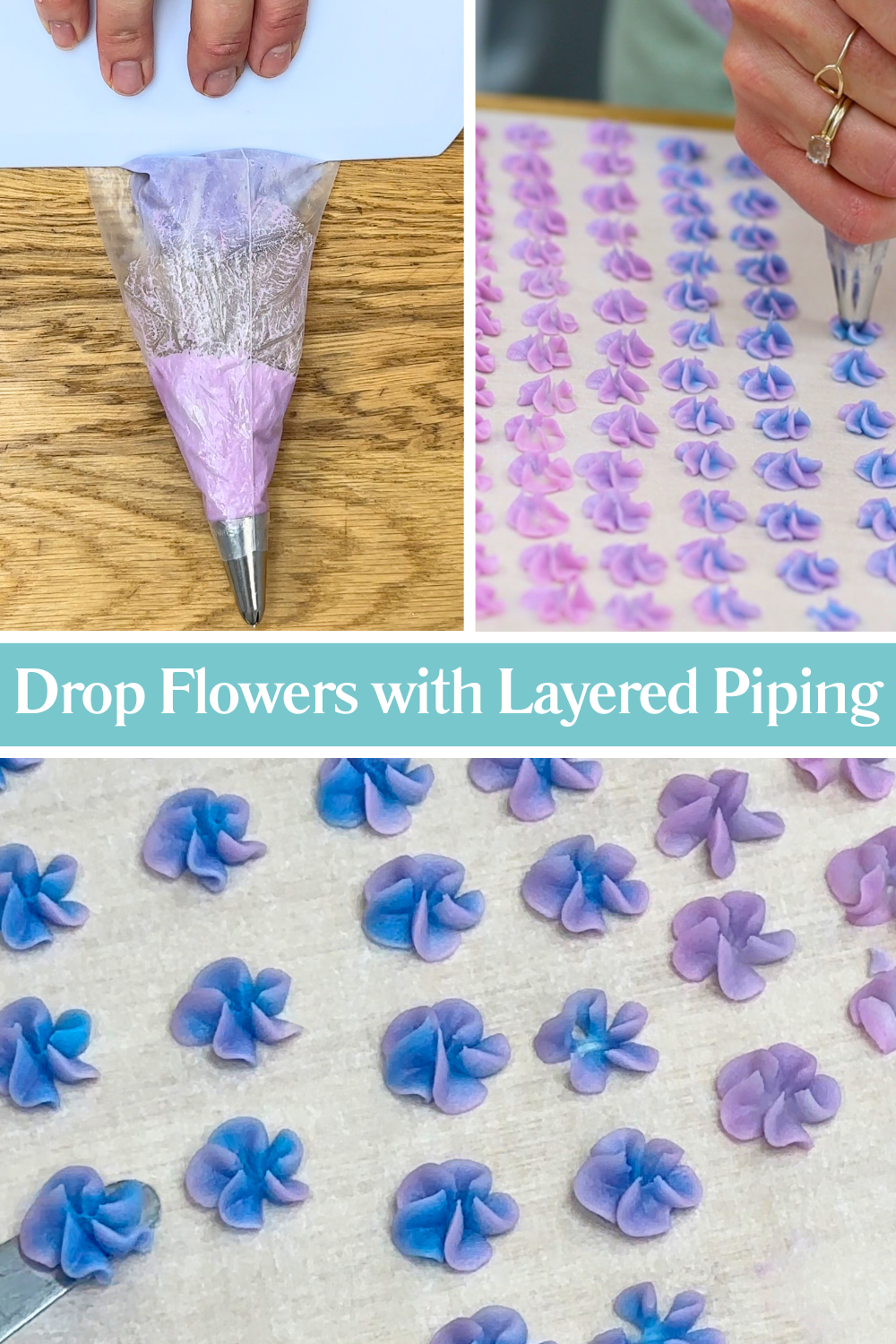 Layering coloured buttercream in a piping bag and piping drop flowers onto parchment paper