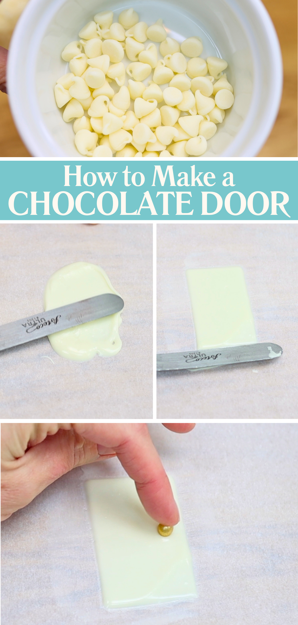 Making the door for a spring porch cake using melted white chocolate chips and a gold sprinkle doorknob