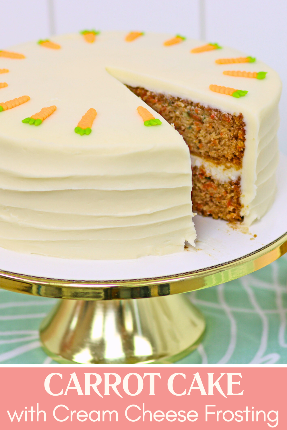 slicing carrot cake with cream cheese frosting to serve
