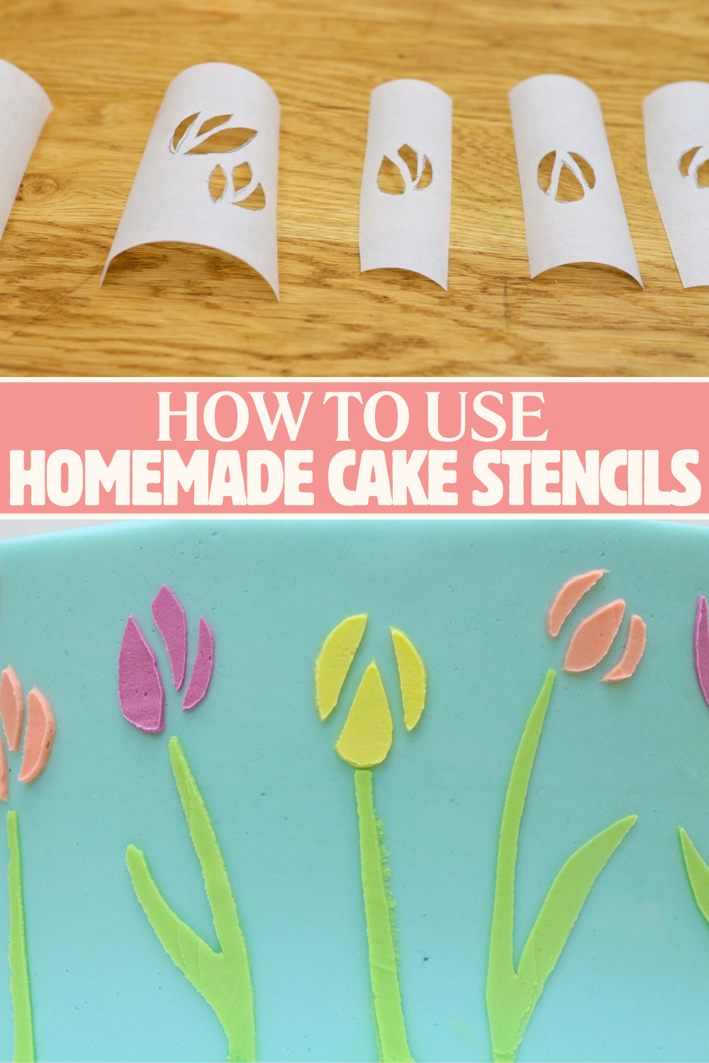 homemade cake stencils and finished buttercream tulip cake