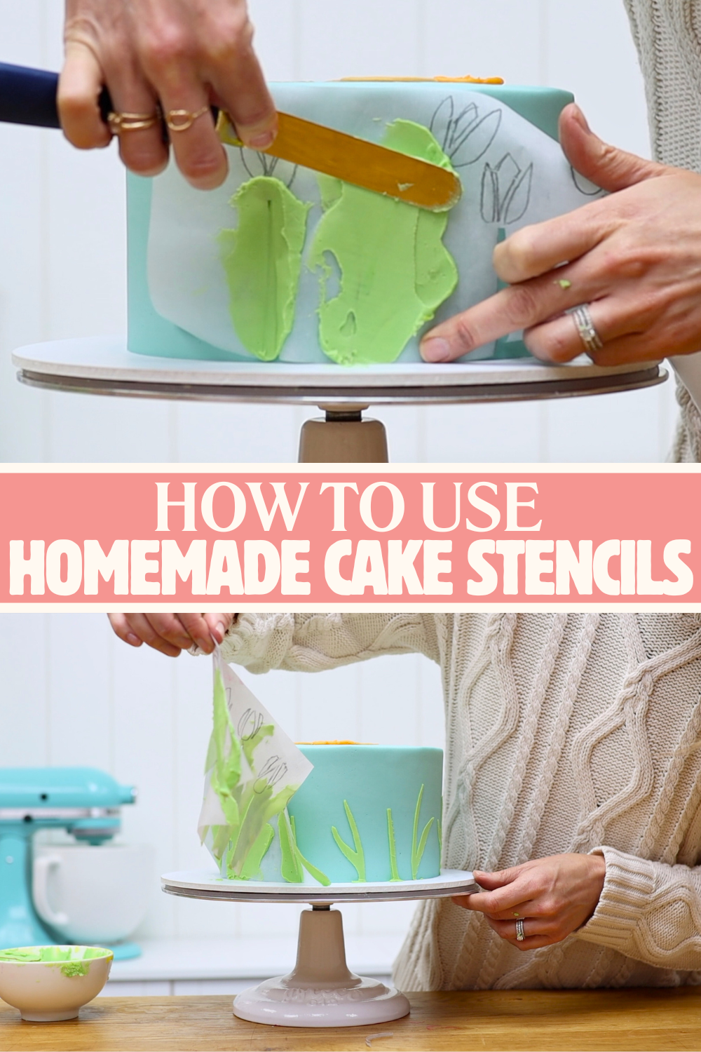 spreading green buttercream onto stencil for flower stems, ideas for easter cakes and cupcakes