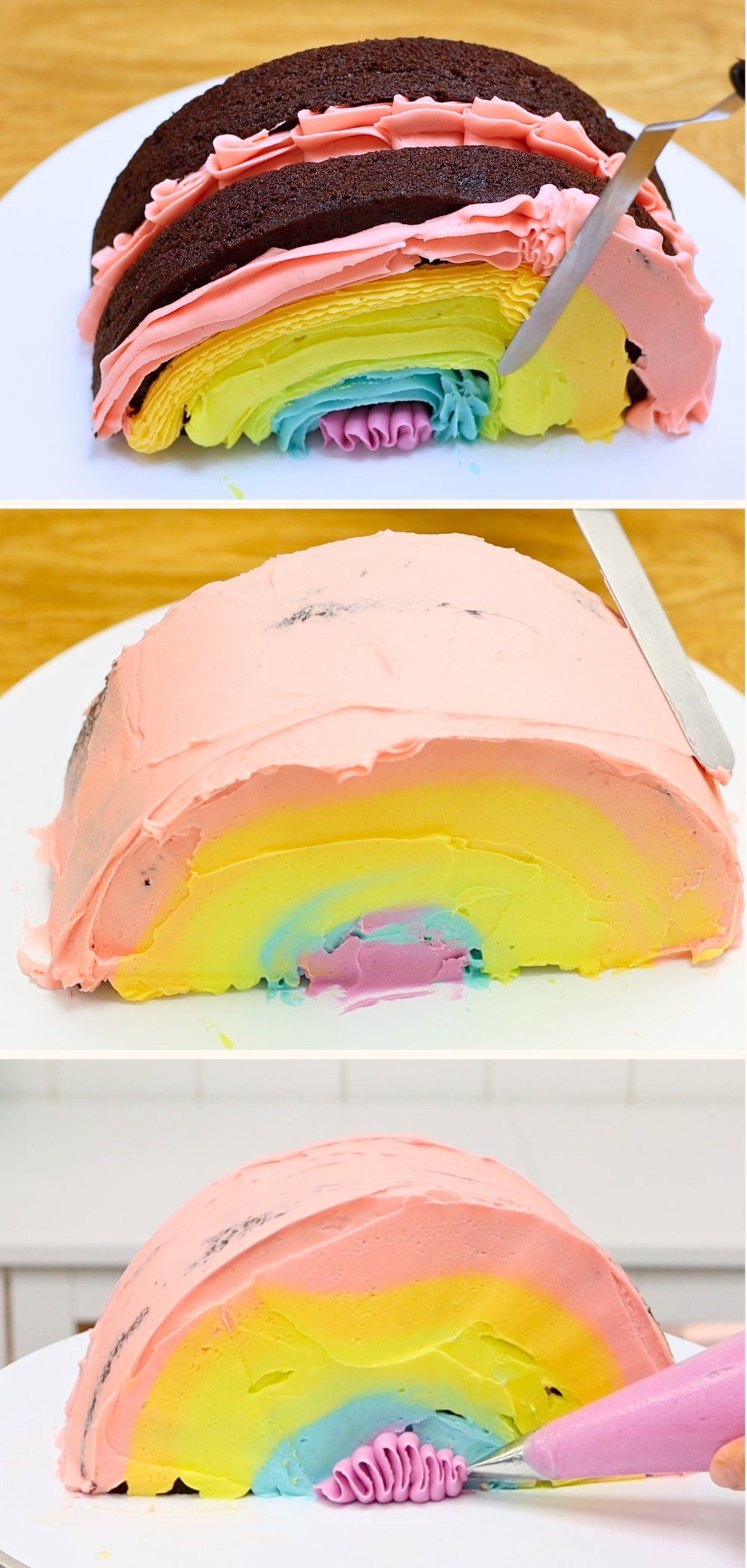 crumb coating a stand up rainbow cake with rainbow coloured buttercream