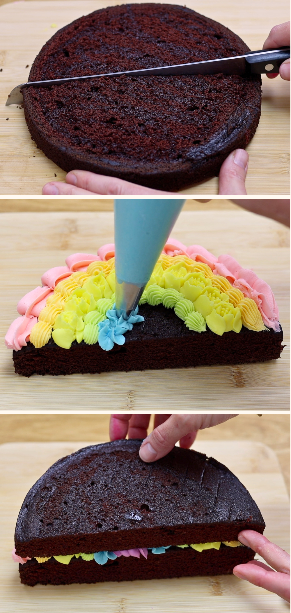 how to make a stand up rainbow cake by cutting a round cake layer in half and filling it before stacking