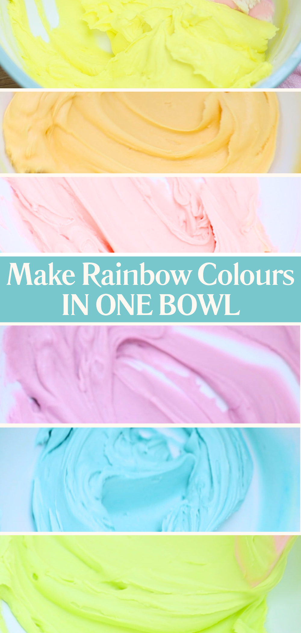 rainbow buttercream colours mixed in one bowl in order for decorating a stand up rainbow cake