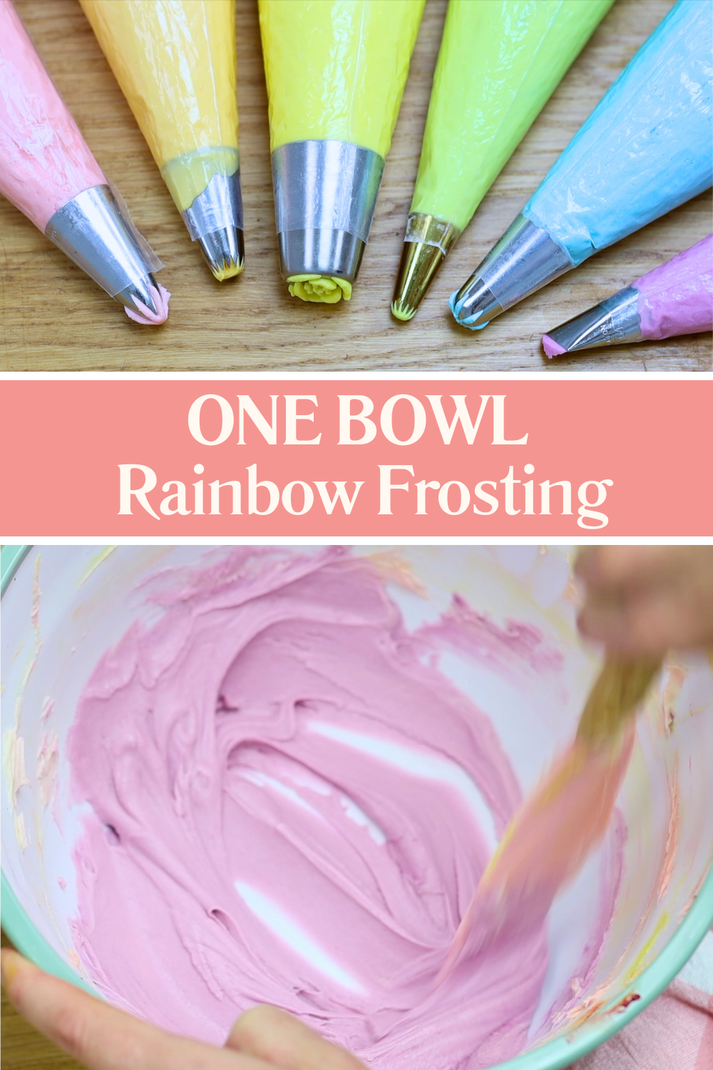 mixing rainbow buttercream colours for decorating a stand up rainbow cake