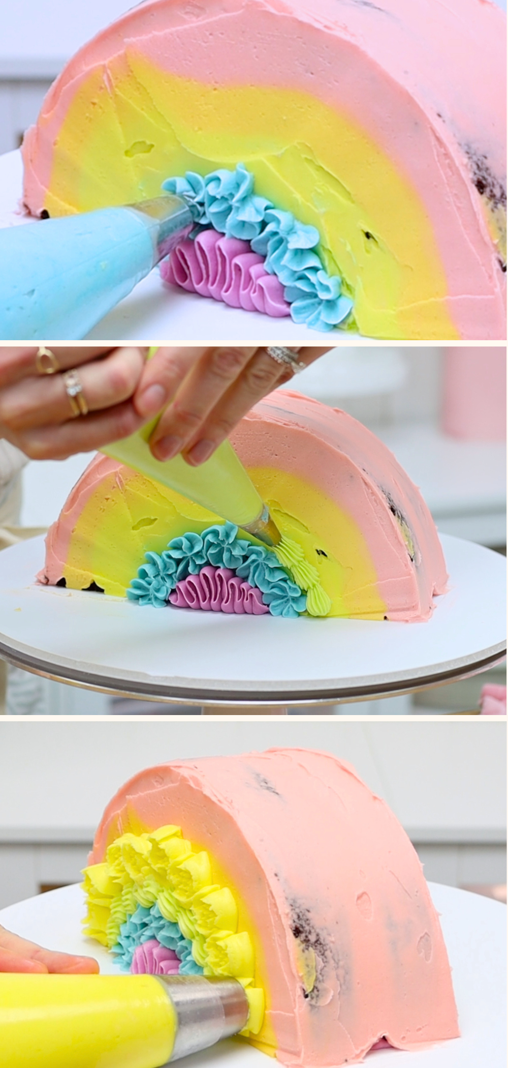 piping colourful rainbow buttercream texture onto a stand up rainbow cake