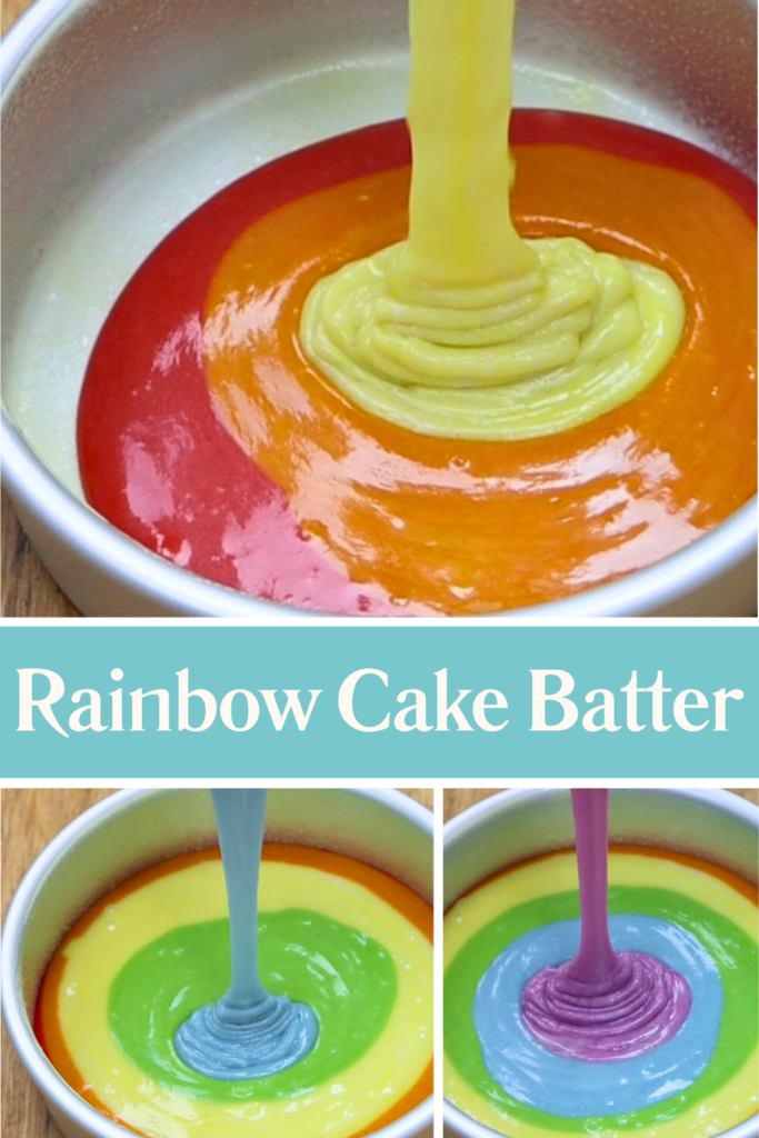 pouring rainbow cake batter using British Girl Bakes rainbow cake recipe