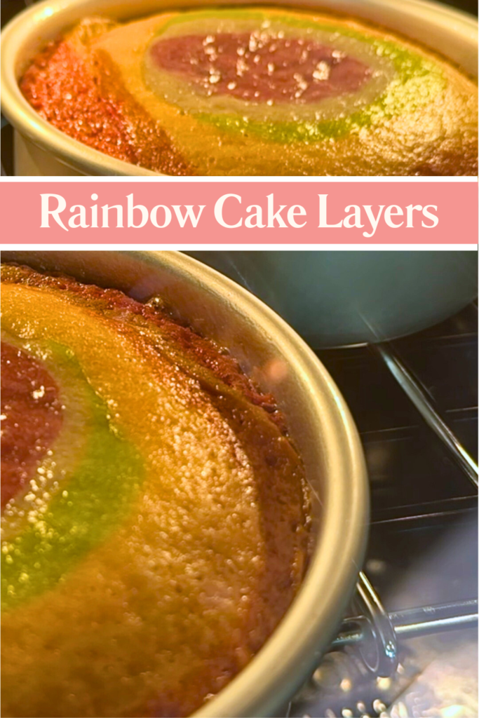 rainbow cake batter rises nicely while baking to create colorful, level cake layers