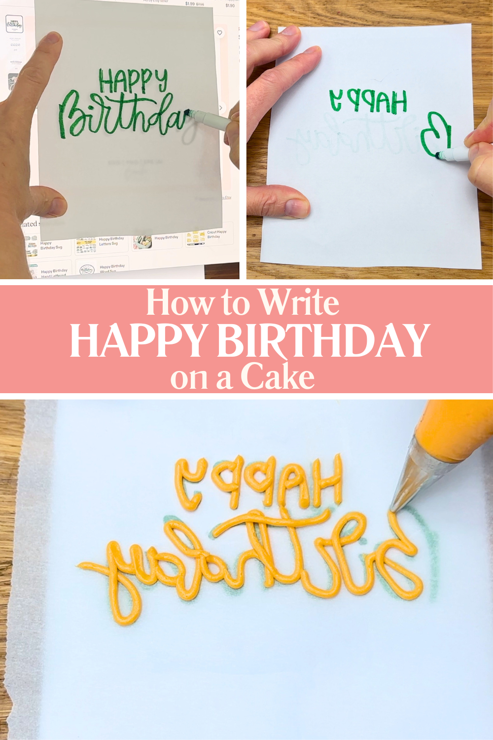 Piping a HAPPY BIRTHDAY message onto parchment paper to transfer writing neatly onto a birthday cake