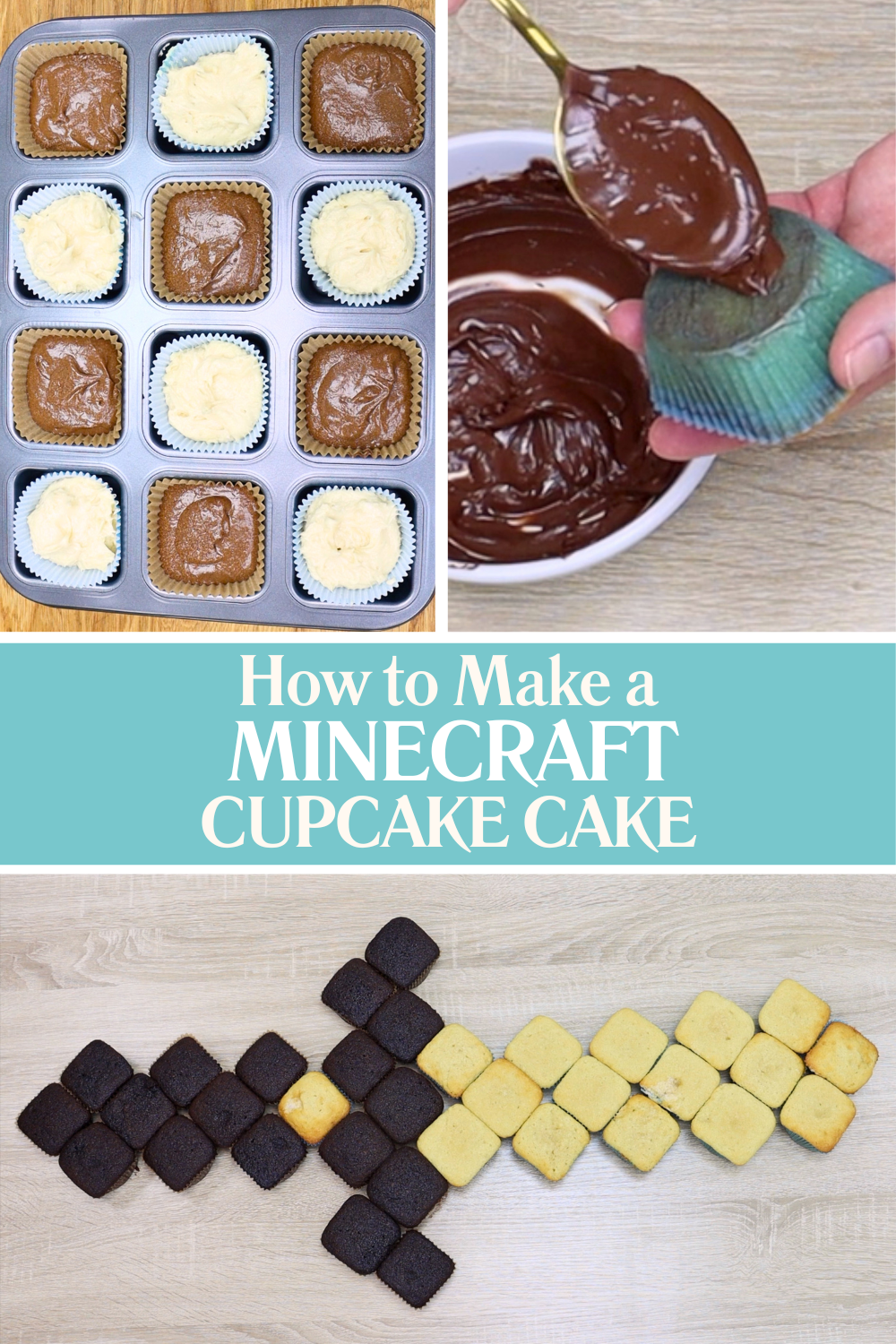 Square cupcakes arranged into a Minecraft sword shape on a cake board