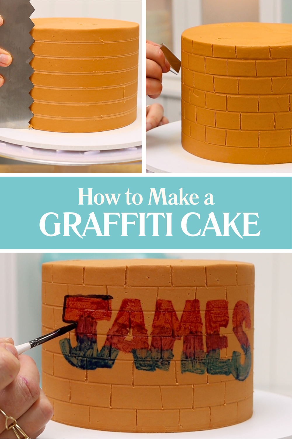 Graffiti cake with brick texture and painted buttercream message