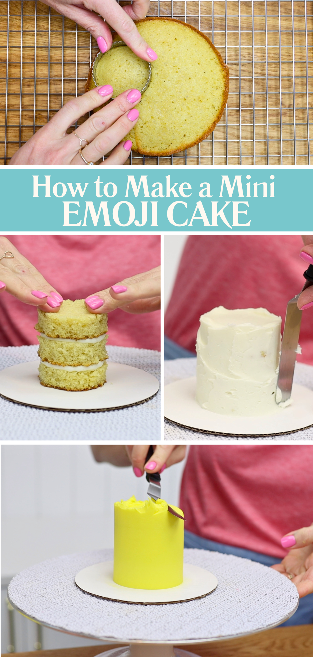 Mini cake layers cut from a larger cake using a round cookie cutter for cakes for kids