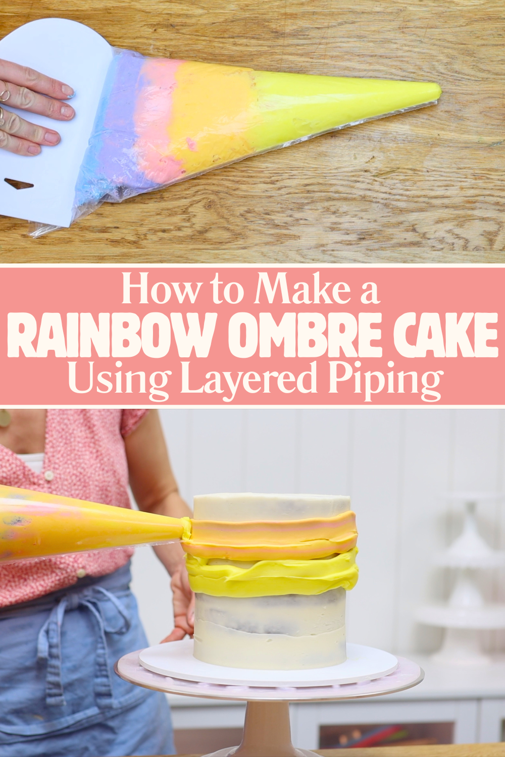 Rainbow buttercream piped from one piping bag onto a cake