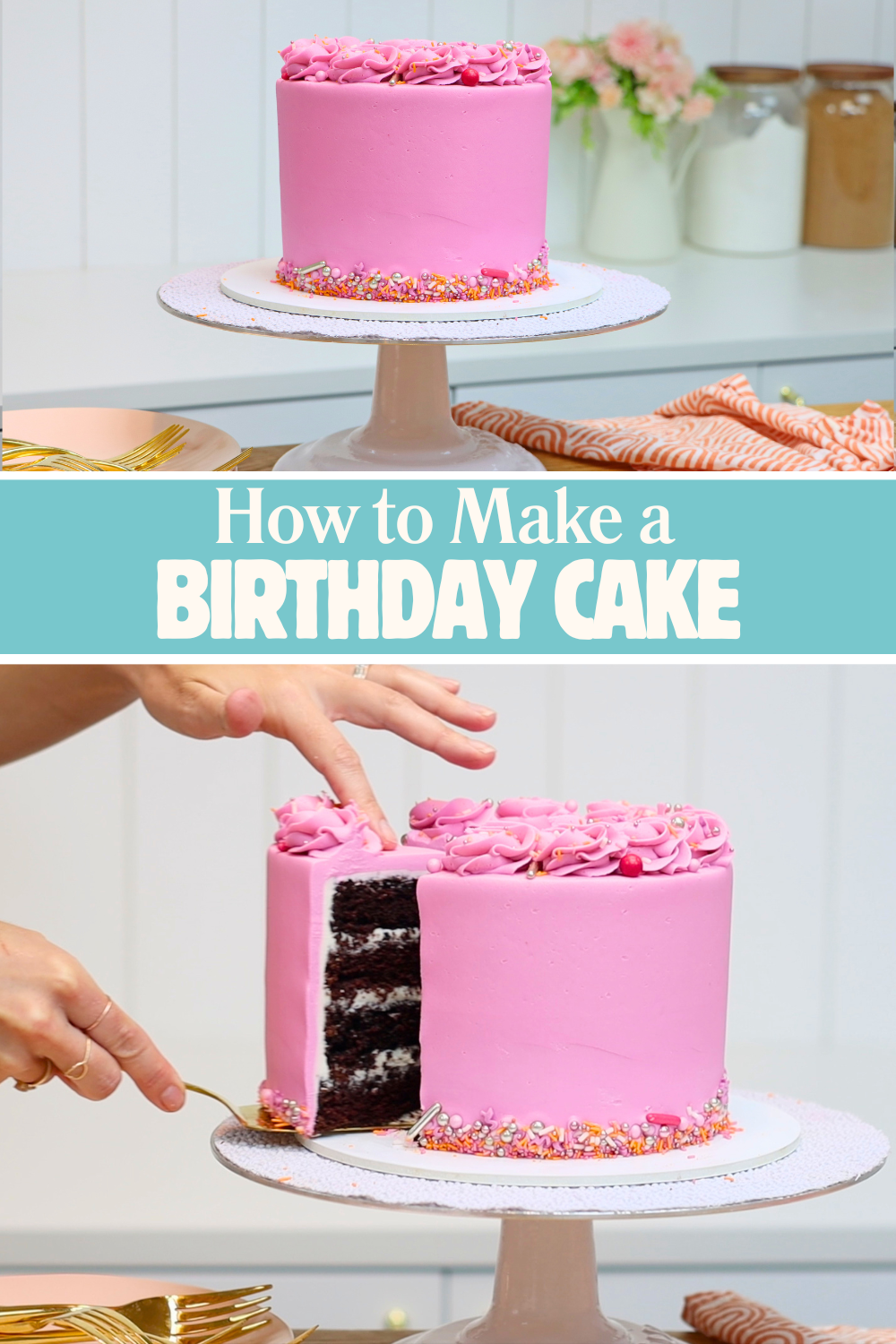 Birthday cake with smooth frosting sprinkles and piped buttercream swirls