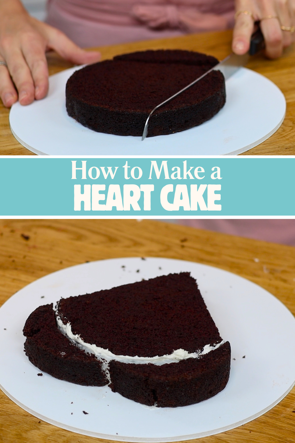 Turning a round cake into a heart shape using cut cake pieces and buttercream for cakes for kids