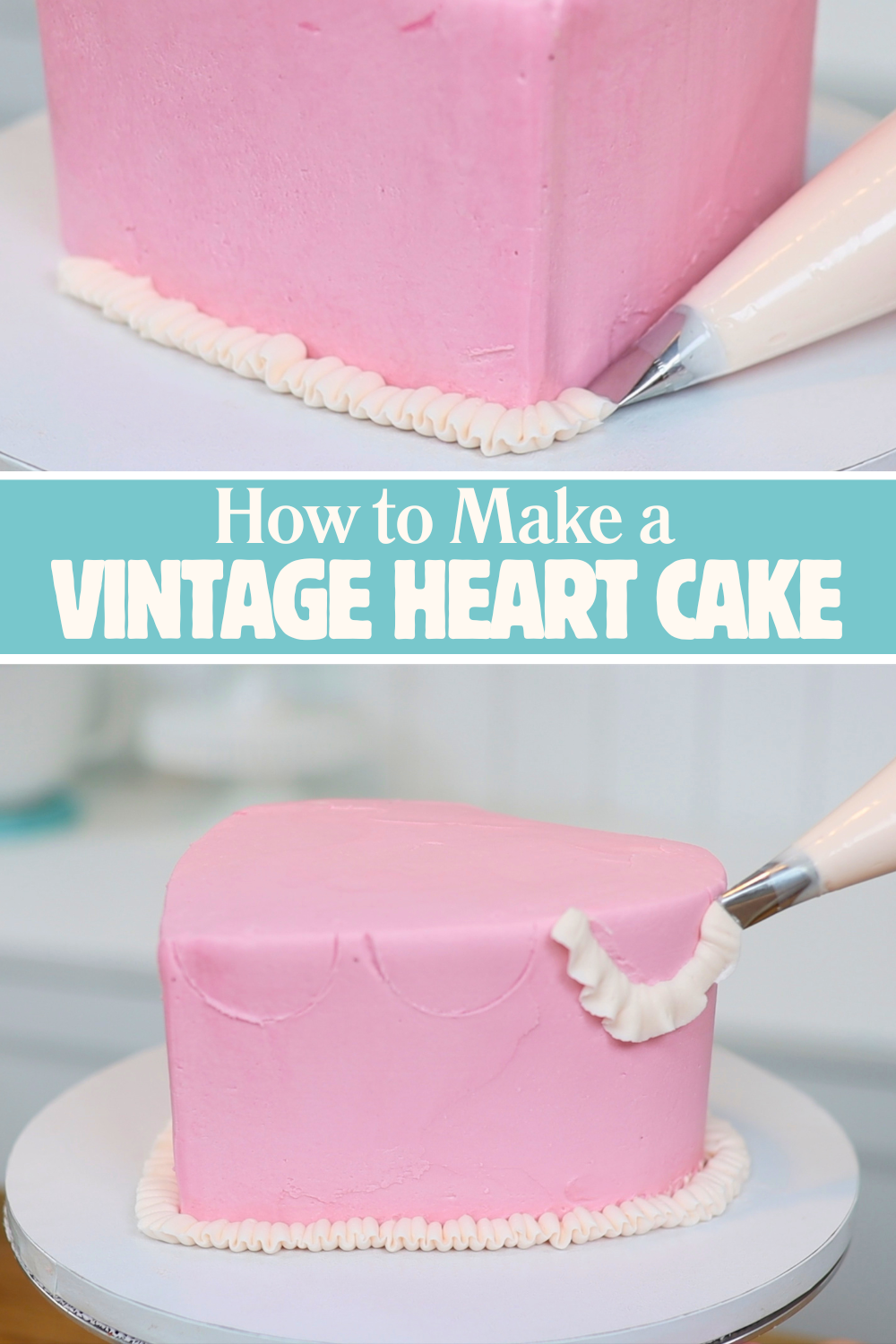 Vintage heart cake decorated with piped ruffles and swags for cakes for tweens