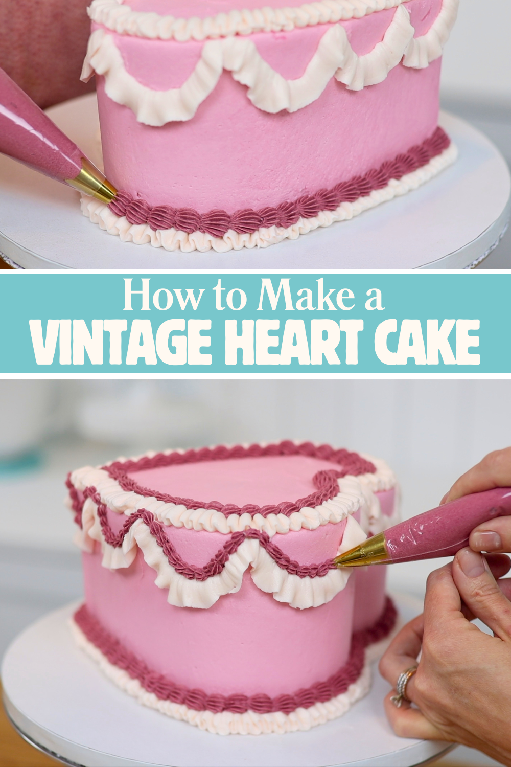 Vintage heart cake decorated with layered piping using star shaped piping tips