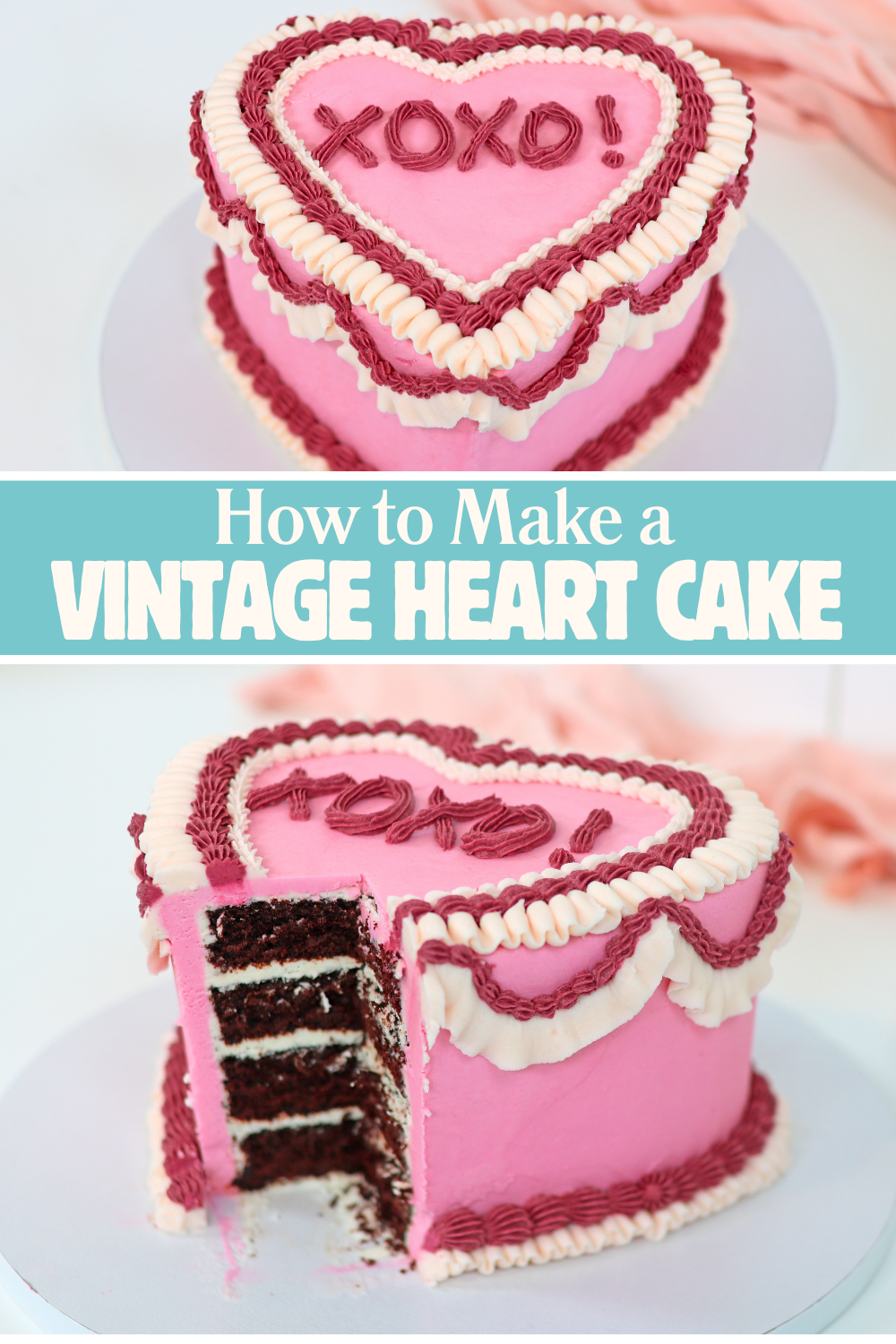 Vintage heart cake with piped buttercream details and pastel frosting