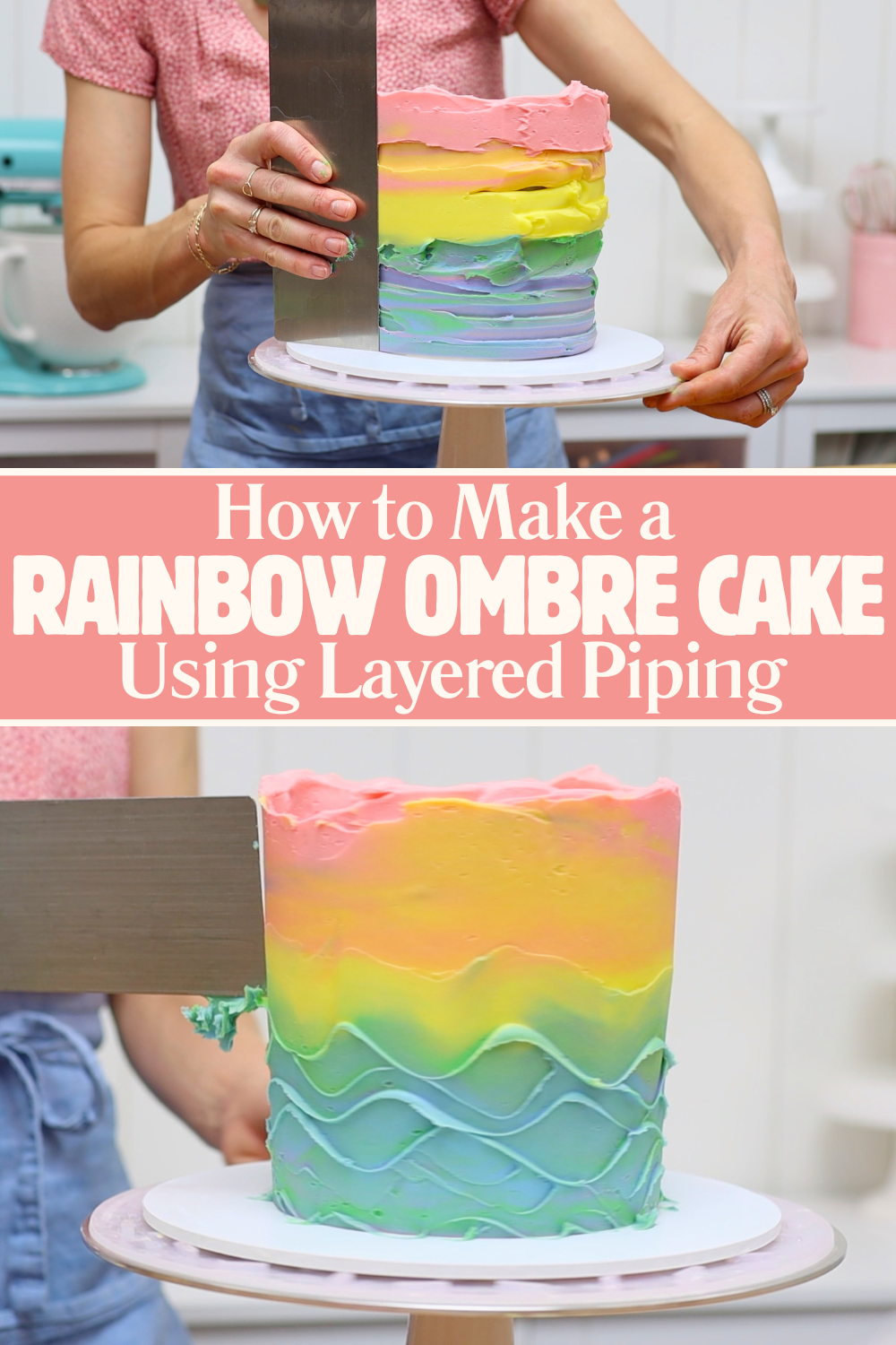 Creating wave texture on rainbow ombre buttercream frosting with a cake scraper