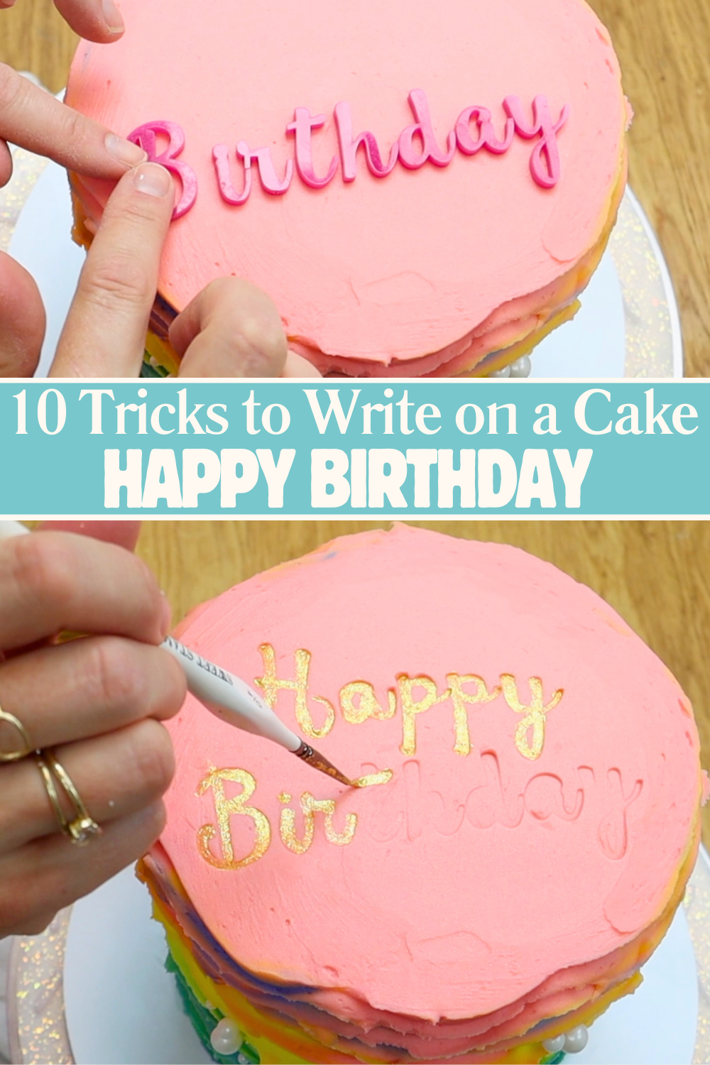How to write HAPPY BIRTHDAY on a cake with Imprinted cake lettering painted with edible gold paint