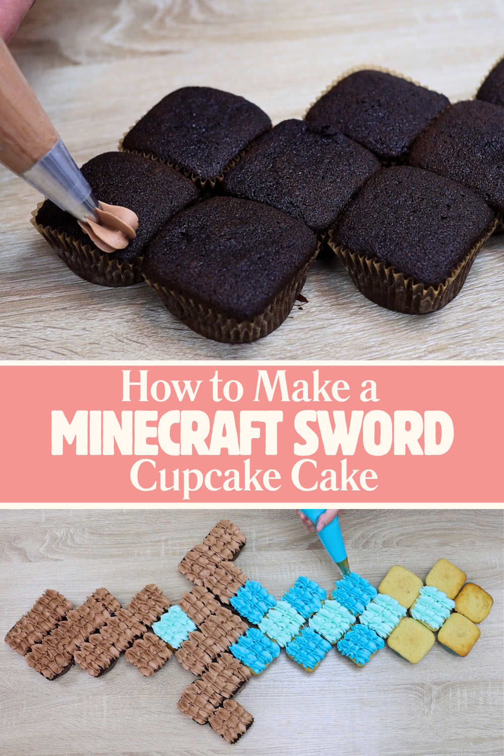 Minecraft cupcake cake made with square cupcakes with pixelated buttercream piping